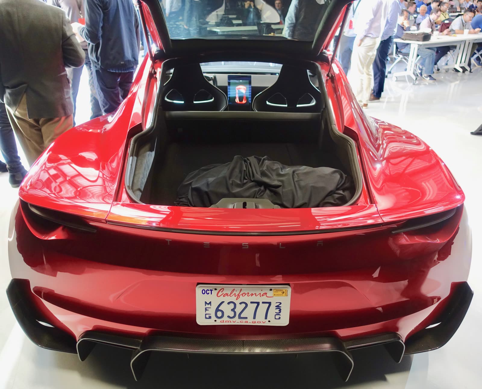 Rear of the red Tesla Roadster prototype